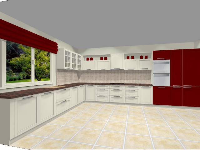 Virtuvės baldų spintelėms parinktos balta ir raudona spalvos, taip pat priderintos romanetės.